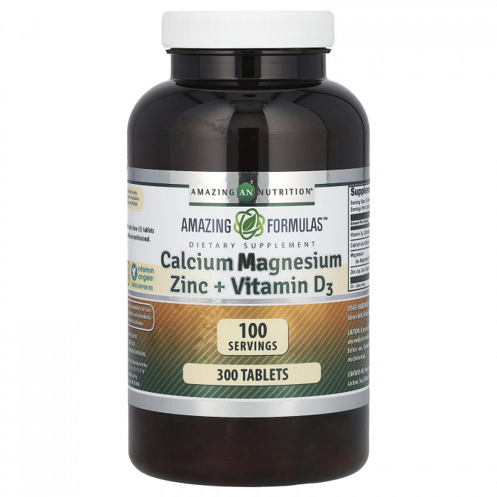 Amazing Formulas Calcium Magnesium, Zinc + D3 (Calcium 1000mg - Magnesium 400mg - Zinc 25mg Plus Vitamin D3 600 IU), Promoting Bone, Muscle, Teeth and Nerve Health, 300 Tablets, USA