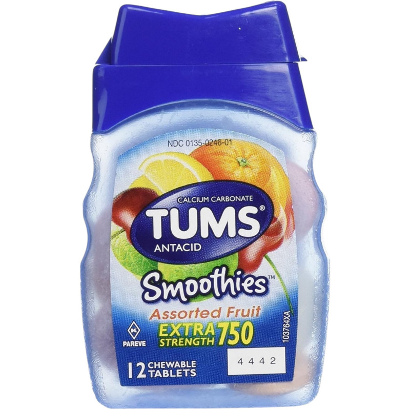 TUMS Smoothies Extra Strength Antacid Chewable Tablets for Heartburn Relief, Assorted Fruit 12 Count