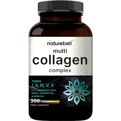NatureBell Multi Collagen Complex 300 Capsules, 5 Collagen Peptides (Type I, II, III, V, X), Hyaluronic Acid, Biotin & Probiotics