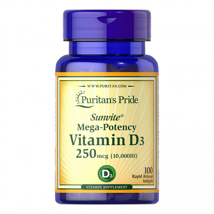 Puritan's Pride Vitamin D3 250 mcg 10,000 IU, 100 Softgels | USA