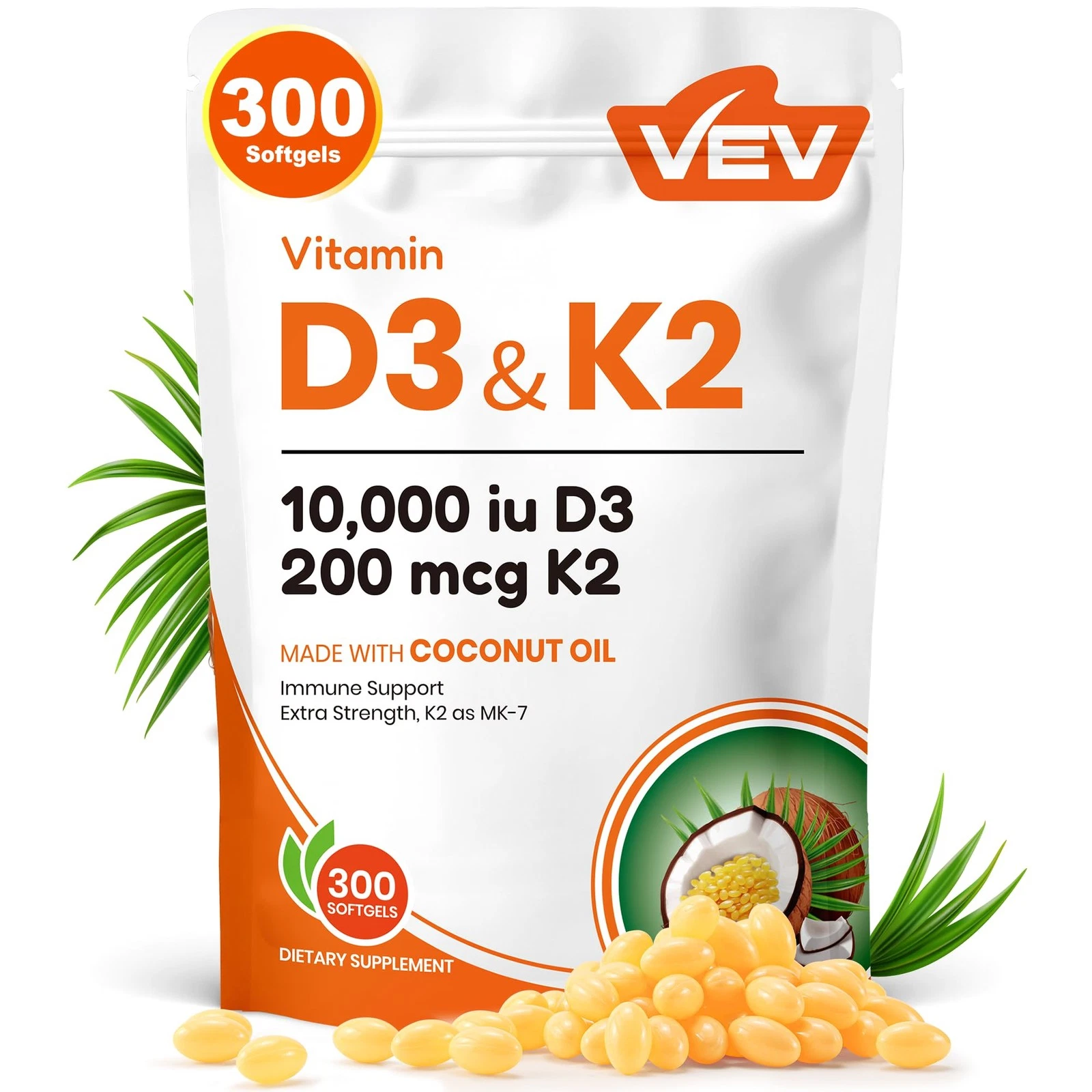 VEV Corefeel Vitamin D3 K2, 10000 IU D3 200mcg K2 (MK-7) With Coconut Oil, 300 Softgels