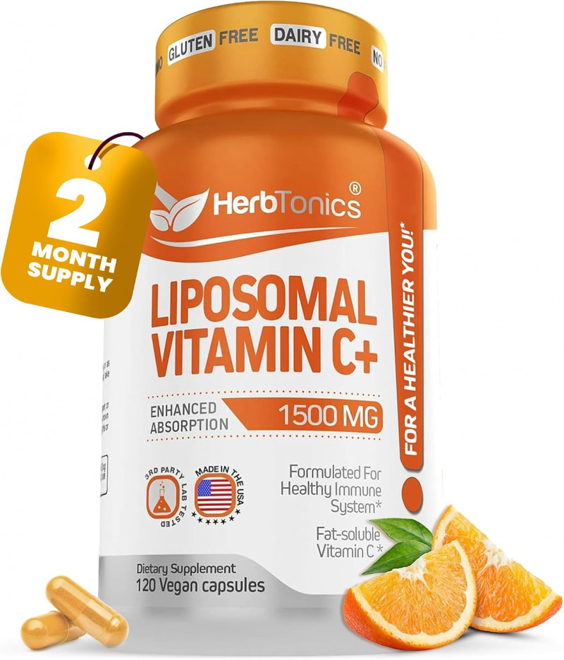 Herbtonics Liposomal Vitamin C Capsules 1500mg Immune Support Supplement | Immune System Health | High Absorption Vitamin C | Collagen | 120 Vegan