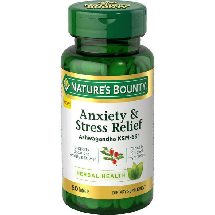 Nature’s Bounty Anxiety & Stress Relief Ashwagandha KSM 66, L-Theanine, Dietary Supplement, 50 Tablets, USA