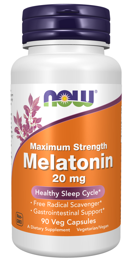 Now Melatonin Maximum Strength 20mg Healthy Sleep Cycle, Free Radical Scavenger, Gastrointestinal Support, 90 Capsules