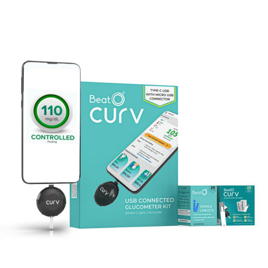 BeatO CURV Sugar Test Machine | FREE 25 Strips & 25 Lancets (Type-C USB Connector) | Imported
