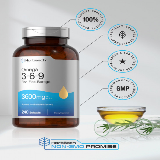 Horbaach Omega 3,6,9 Fish, Flax, Borage 3600mg, 240 Softgels