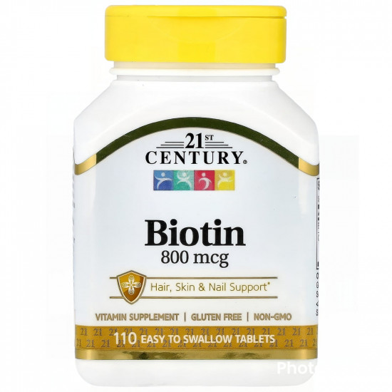 21st Century Biotin 800 mcg, Essential Nutrient, Promotes Healthy Hair, Skin & Nails, 110 Counts, USA