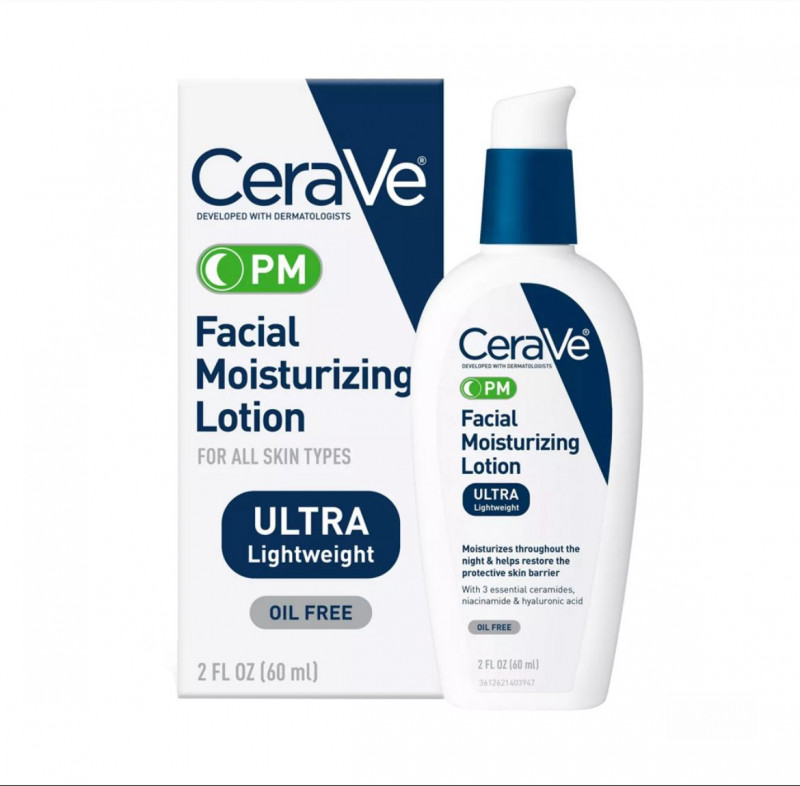 CeraVe PM Facial Moisturizing Lotion, Night Cream with Hyaluronic Acid and Niacinamide, Ultra-Lightweight, Oil-Free Moisturizer for Face, 60ml CeraVe