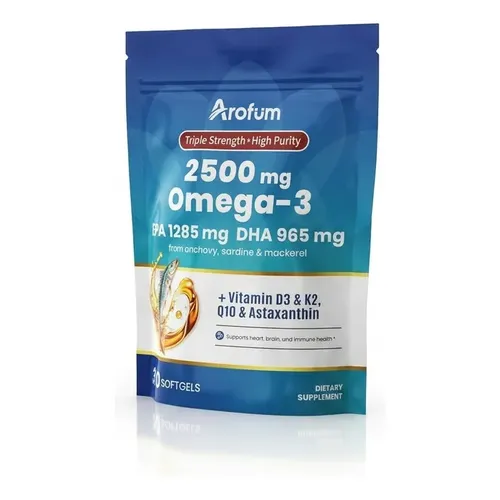Arofum Omega-3 EPA 1285mg DHA 965mg Triple Strength + D3 & K2, 300 softgels