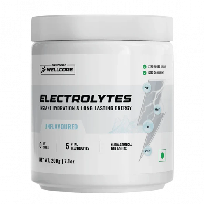 Wellcore - Electrolytes (Unflavoured, 200g), Electrolyte Drink With 5 Vital Electrolytes: Na, Mg, Ca, K, PO4 | Sugar Free Electrolyte Powder | Fat Fuel Powered Keto Electrolyte