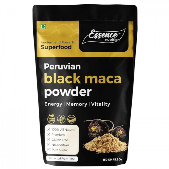 Essence Nutrition Original Black Maca Root Powder (150gm) - Pure & Effective Maca for Workout, Stamina & Strength | Imported from Peru - Use as a Maca Coffee For Men