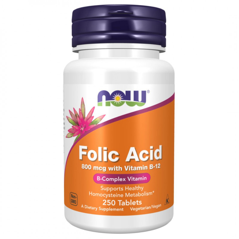 Now Folic Acid 800mcg with Vitamin B-12 Tablets, Supports Healthy Homocysteine Metabolism